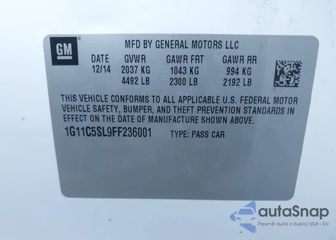 2015 Chevrolet Malibu 1Lt z USA, uszkodzony, nr VIN 1G11C5SL9FF236001